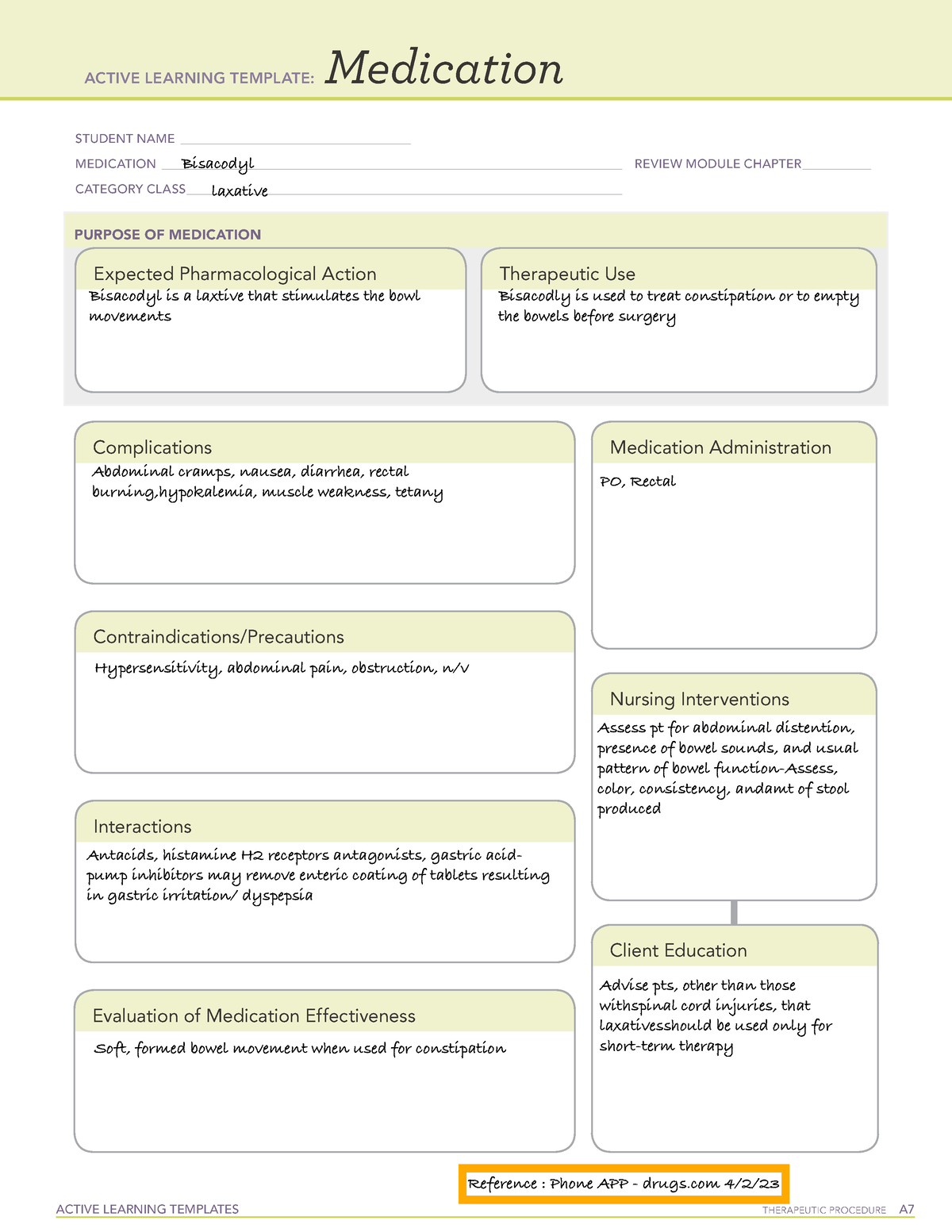 Bisacodyl medication cards ACTIVE LEARNING TEMPLATES THERAPEUTIC