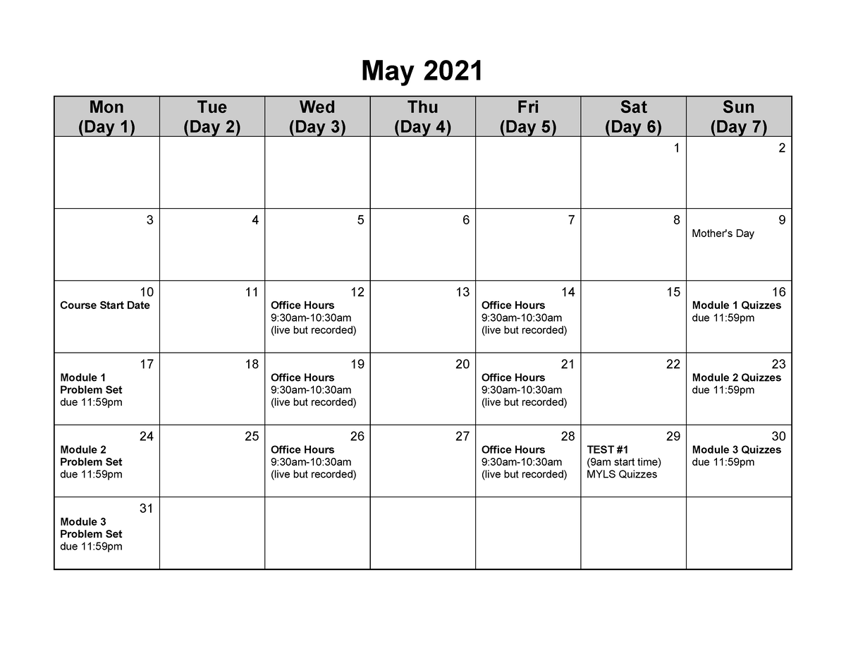 BI226 On line May Calendar - May 2021 Mon (Day 1) Tue (Day 2) Wed (Day ...