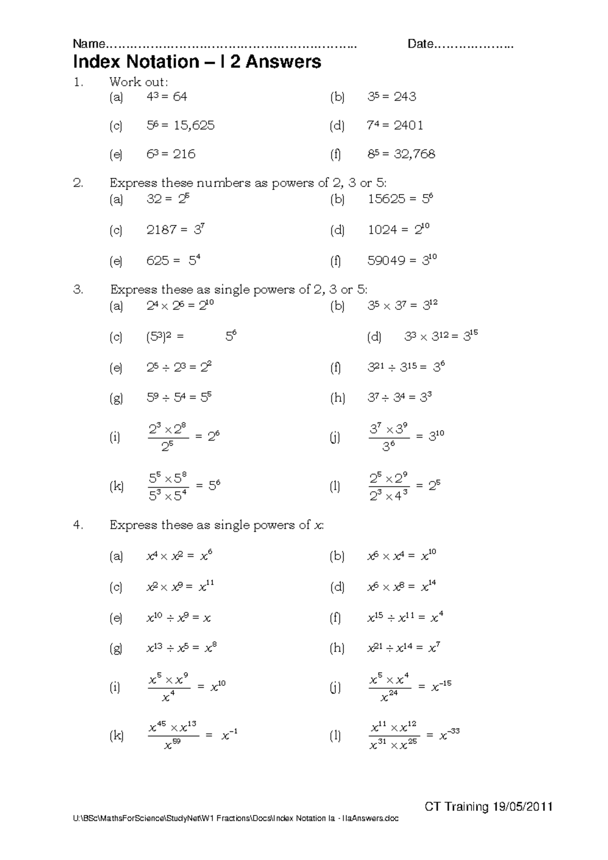 Index Notation Worksheet Three Answers Week One - - Studocu