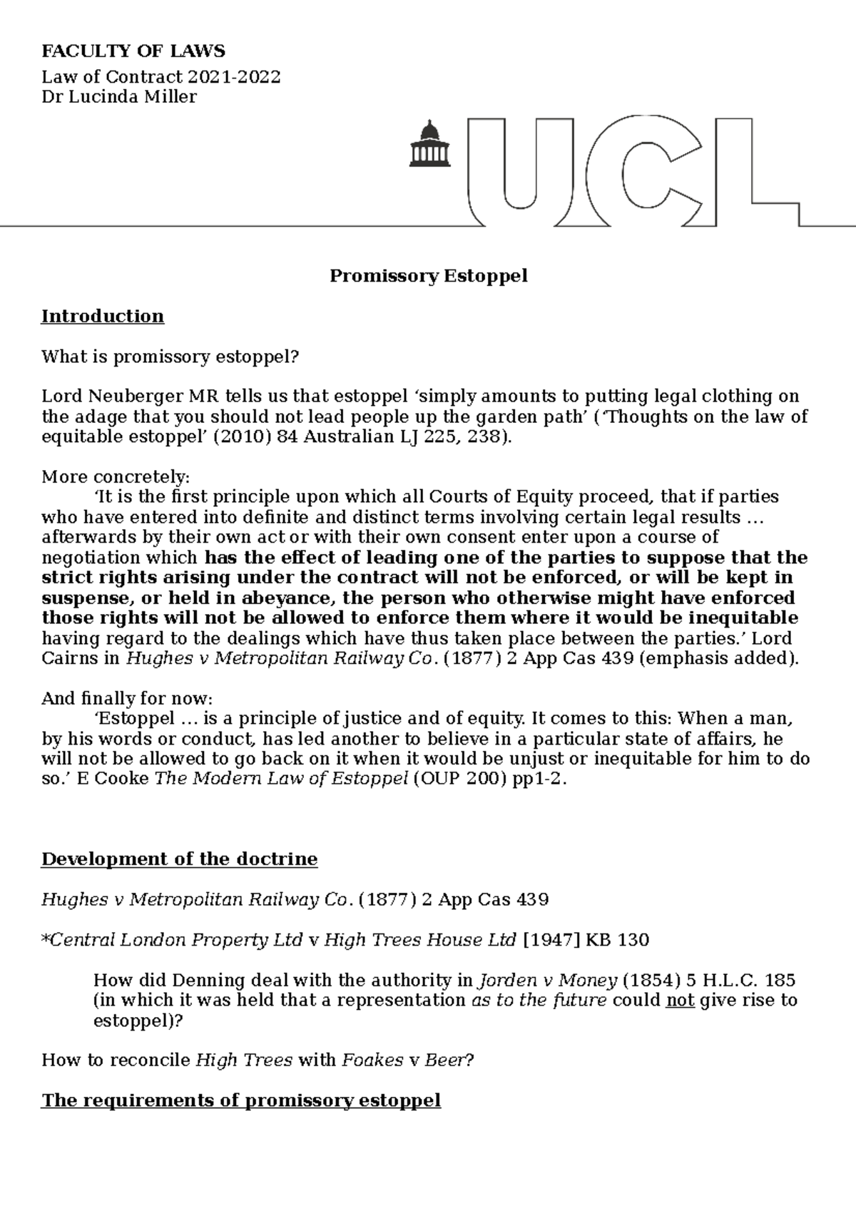 Promissory Estoppel topic 3 FACULTY OF LAWS Law of Contract 2021 Dr