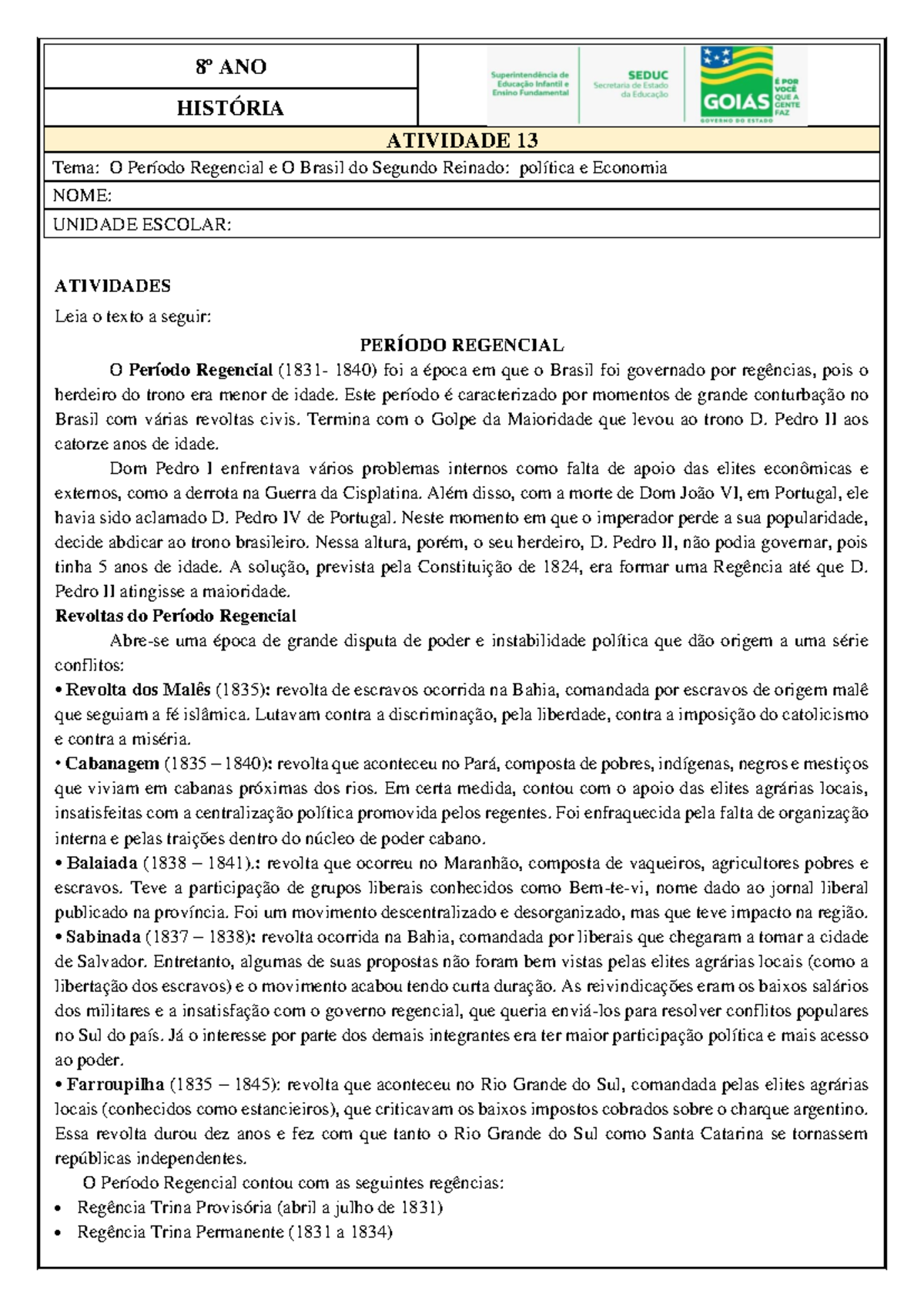 Exercicios Sobre O Periodo Regencial - BINKEDU