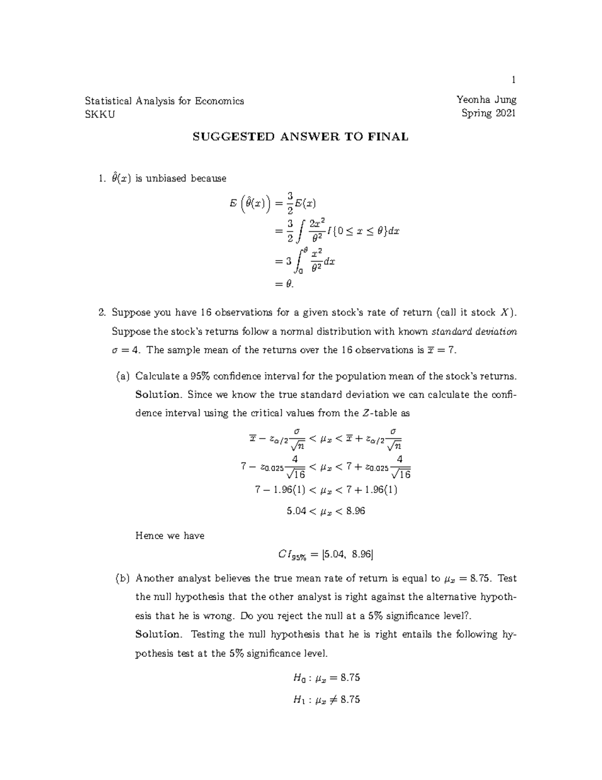 Final solution - Statistical Analysis for Economics SKKU Yeonha Jung ...