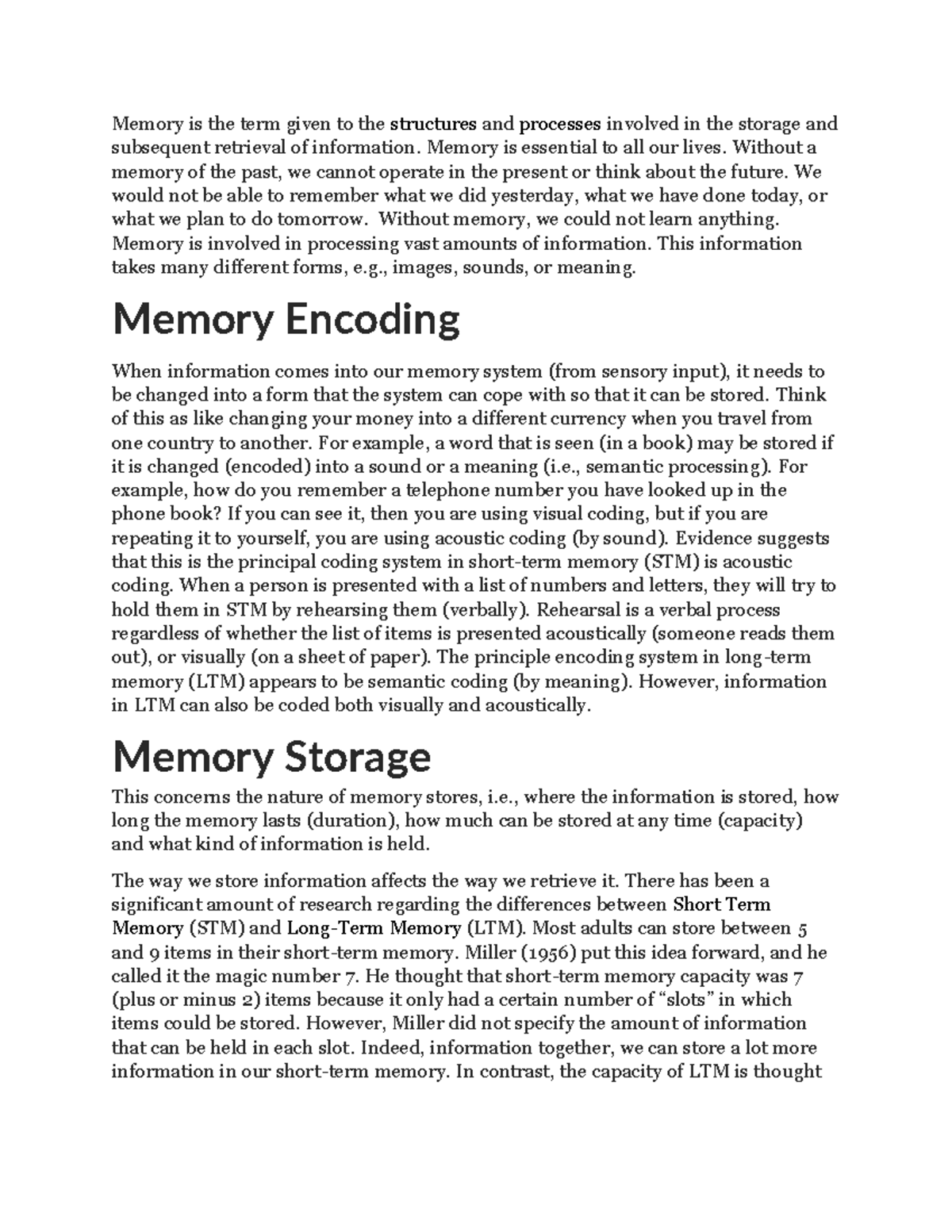 Memory Stage Notes - Memory is the term given to the structures and ...
