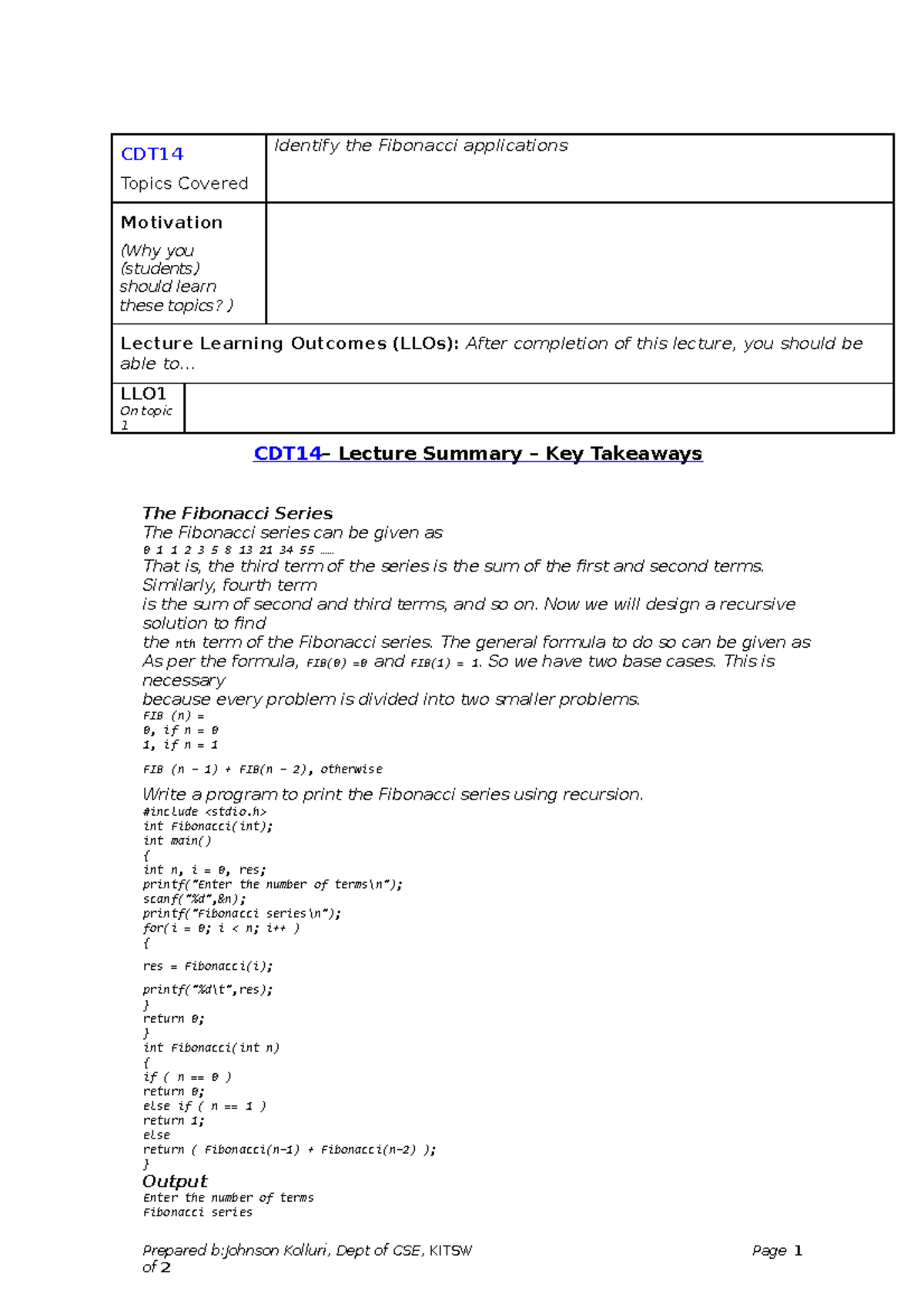 Identify the Fibonacci applications - CDT Topics Covered Identify the ...