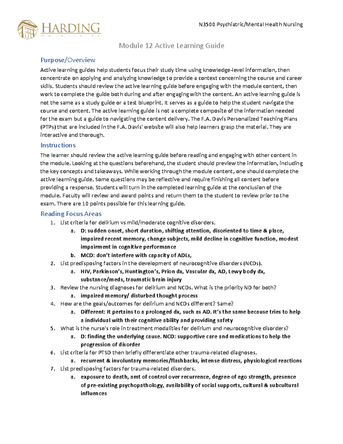 N3500+Module+12+Active+Learning+Guide - N3500 Psychiatric/Mental Health ...