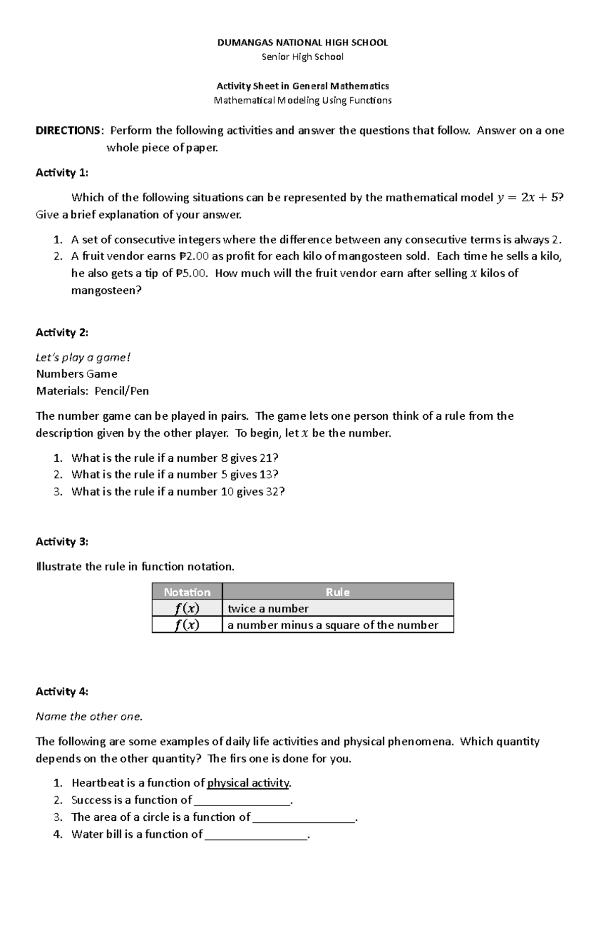 Activity Sheet-Mathematical Modeling for Real-life Functions - DUMANGAS ...