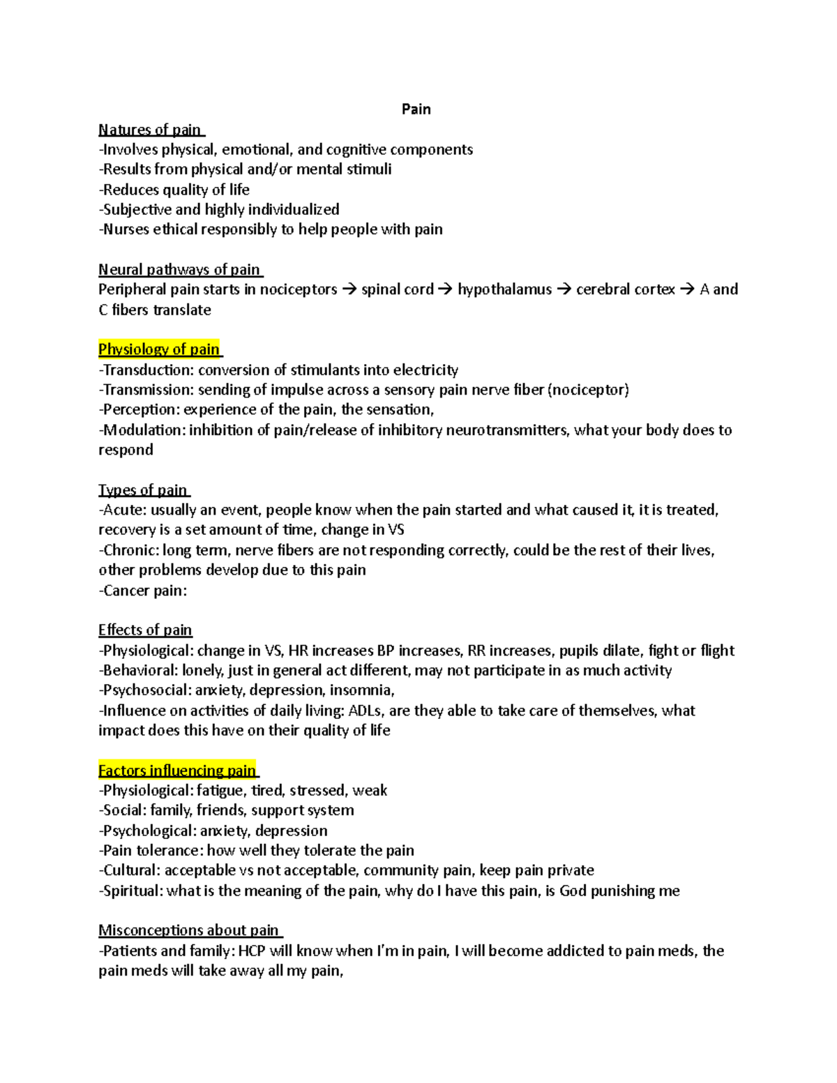 Exam 3 - Notes - Pain Natures of pain -Involves physical, emotional ...