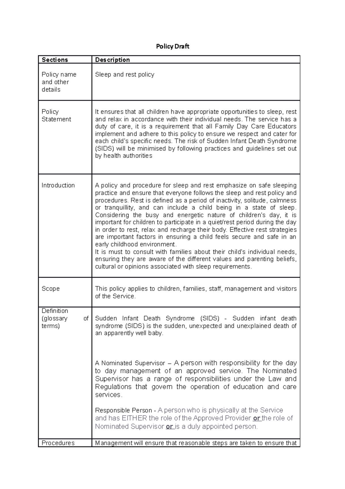 Draft policy template - Policy Draf Sections Description Policy name ...