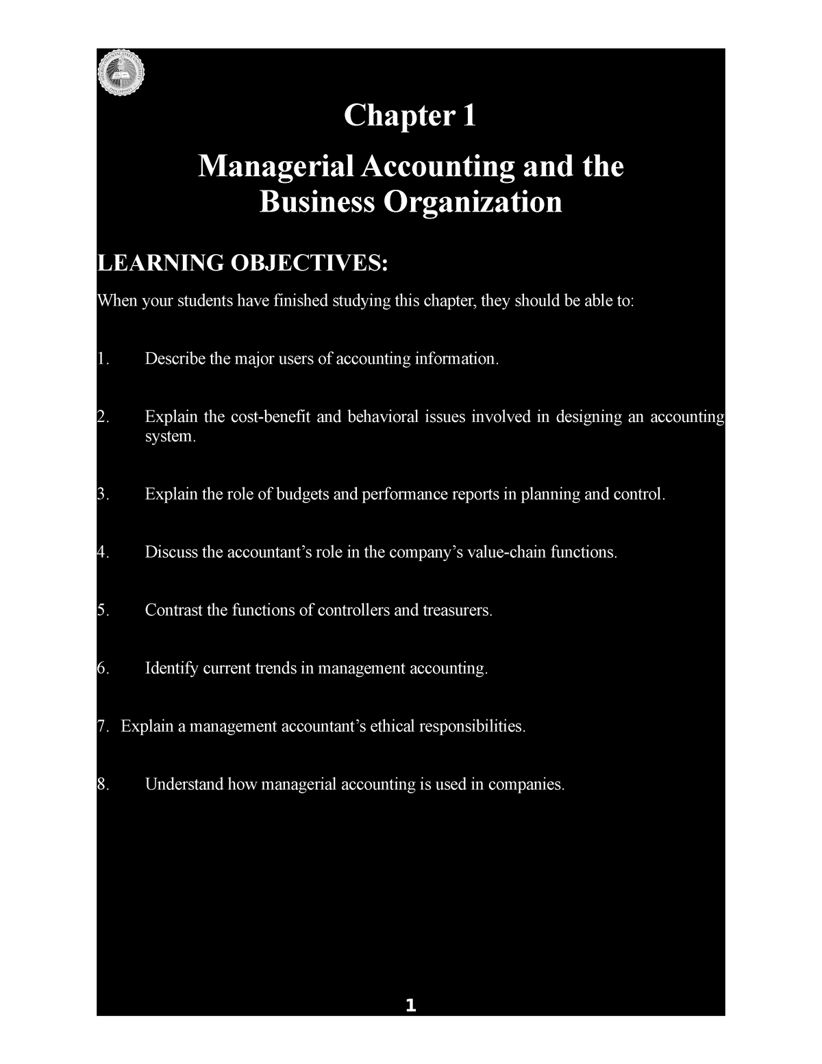 CH1 - Management Accounting Chapter 1 - Chapter 1 Managerial Accounting ...