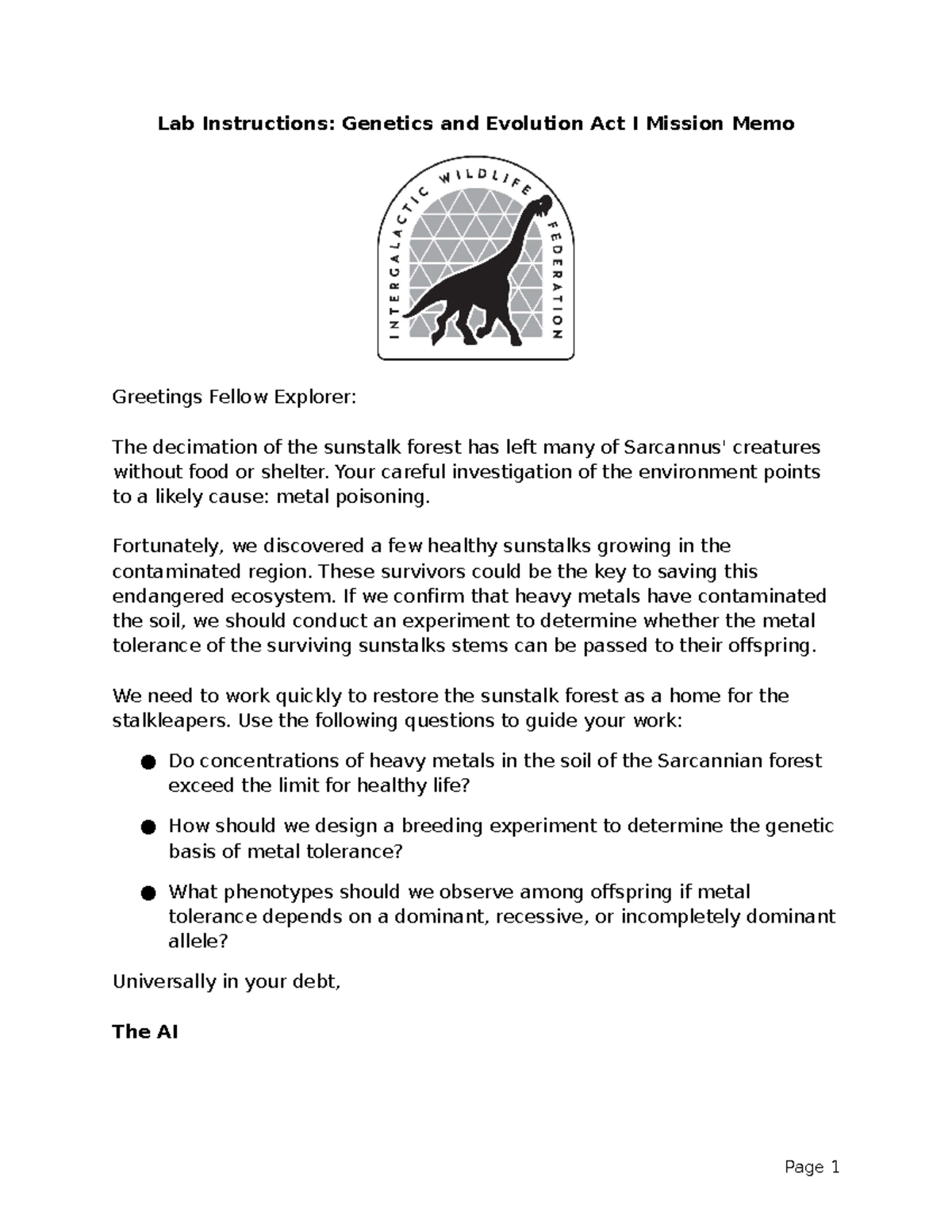 Lab Instructions and Evolution Act I Mission Memo Your