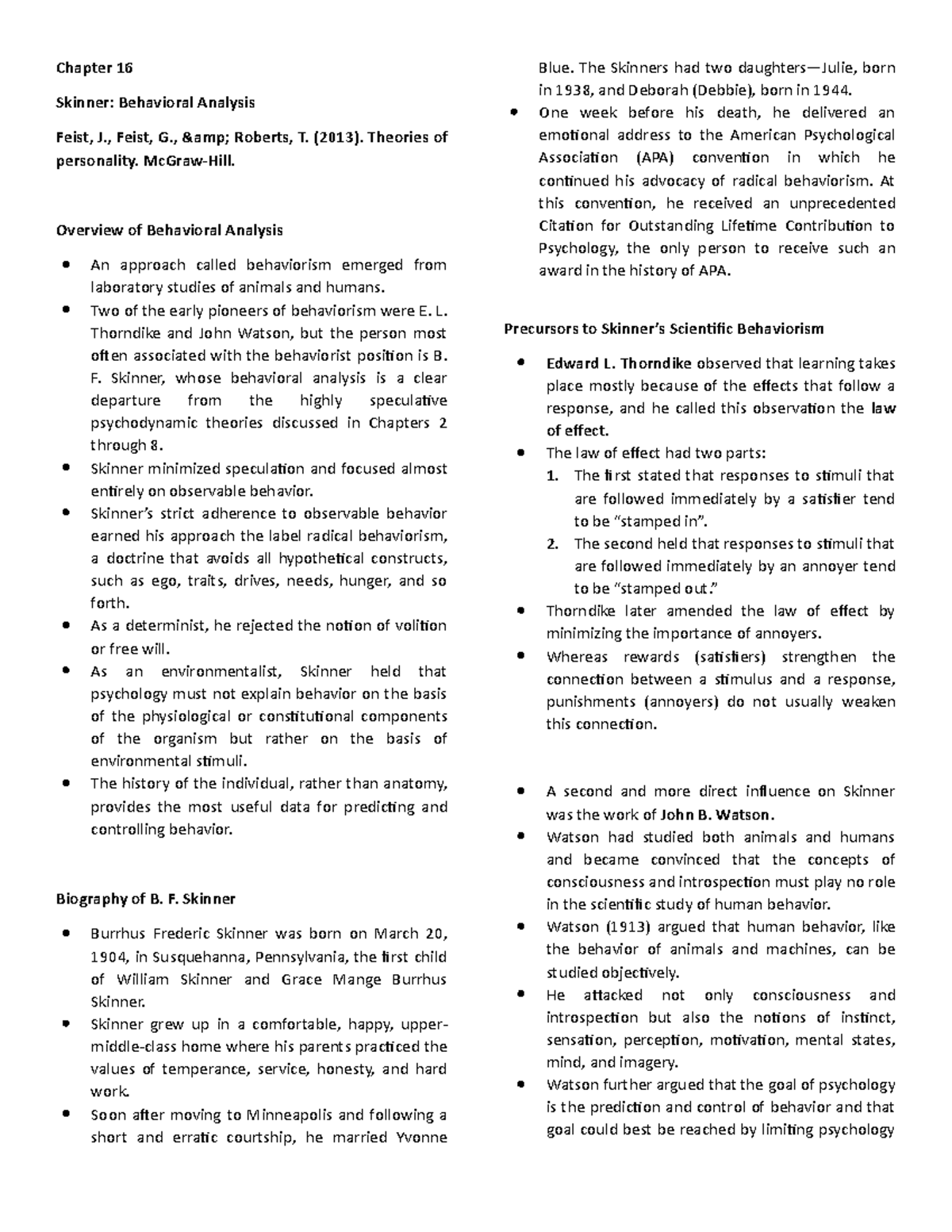 Theories of Personality Chapter 16 Skinner Chapter 16 Skinner