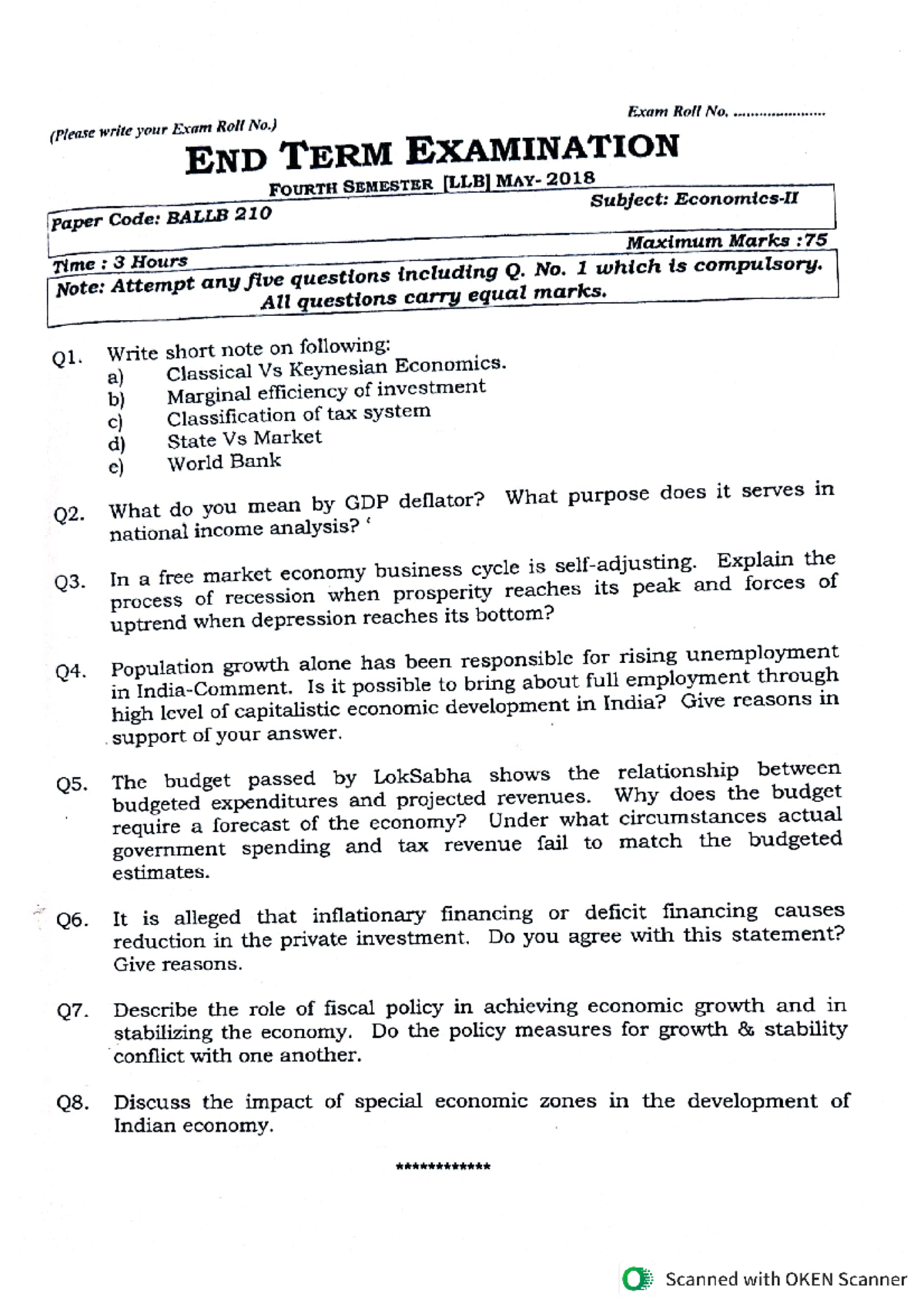 Ballb 4th-Semester PY-Question-Papers - economics 1 - Studocu