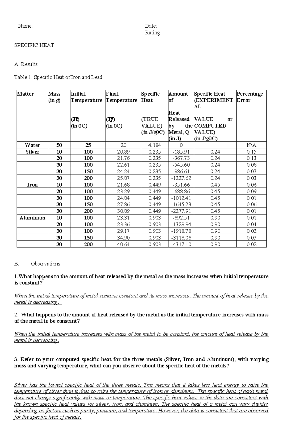 Specific Heat Experiment. steph - Name: Date: Rating: SPECIFIC HEAT A ...