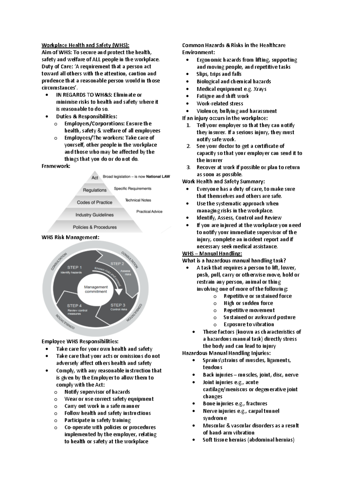 HLSC1000 Summary - Workplace Health and Safety (WHS): Aim of WHS: To ...