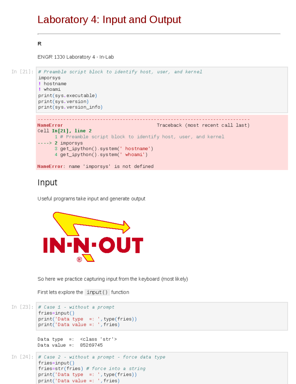 Lab04 (1) - N/A - Laboratory 4: Input And Output R ENGR 1330 Laboratory ...