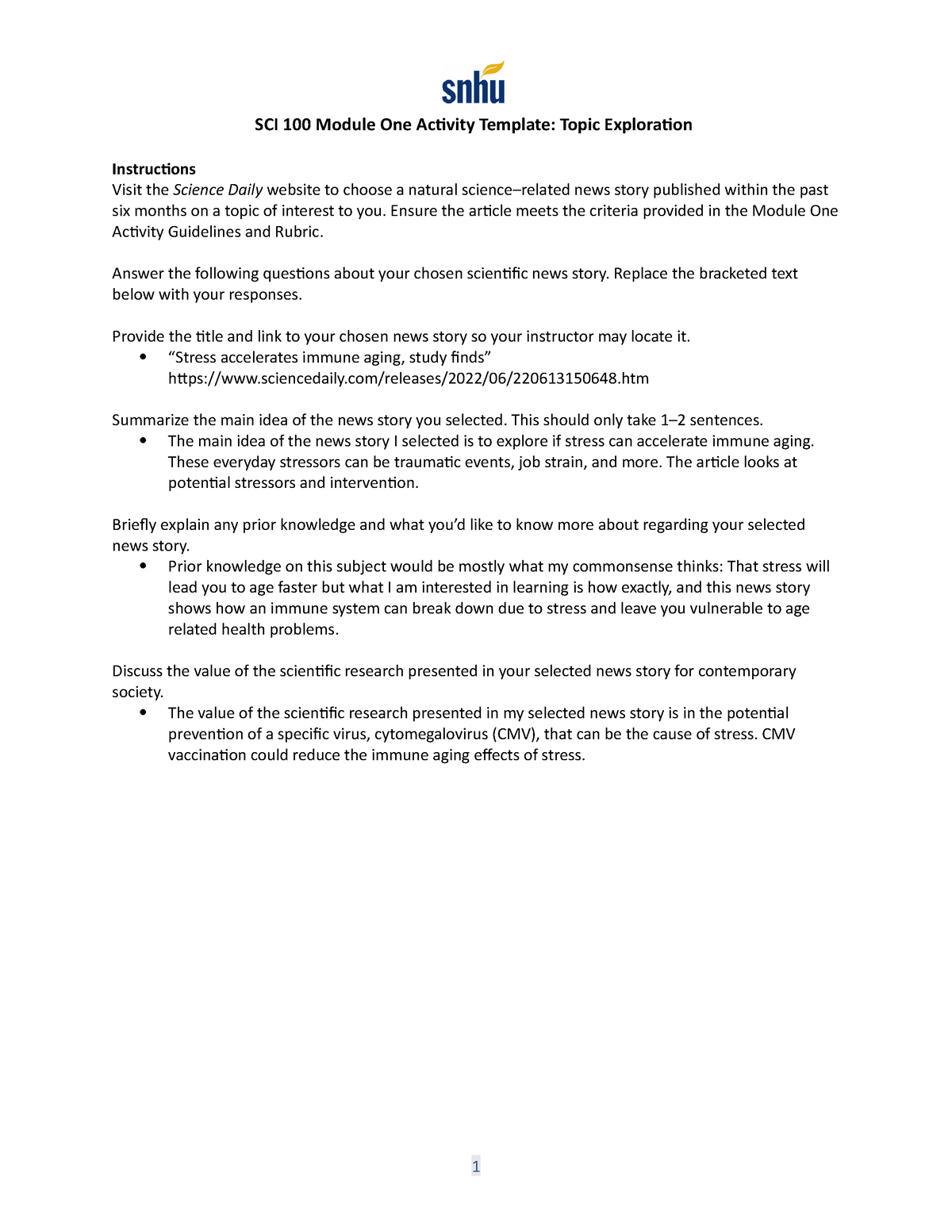 Sci 100 Module One Activity Template Ensure The Article Meets The Criteria Provided In The 2209