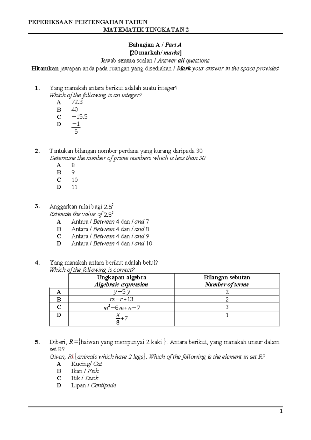 PPT Ting 2 - 2022 - soalan - MATEMATIK TINGKATAN 2 Bahagian A / Part A ...