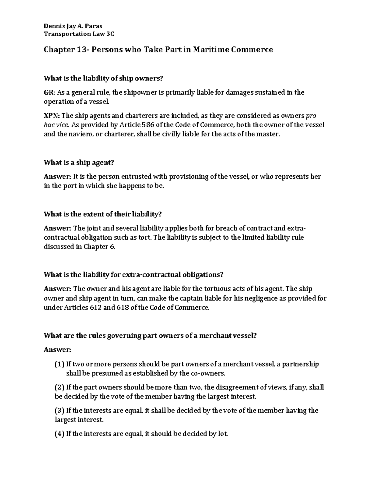 (Transportation Law 3C) Q&A Reviewer for Part 6 and 7 Transportation