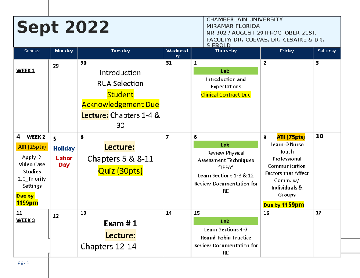 Health assessment 1 calendar Sept 2022 CHAMBERLAIN UNIVERSITY MIRAMAR