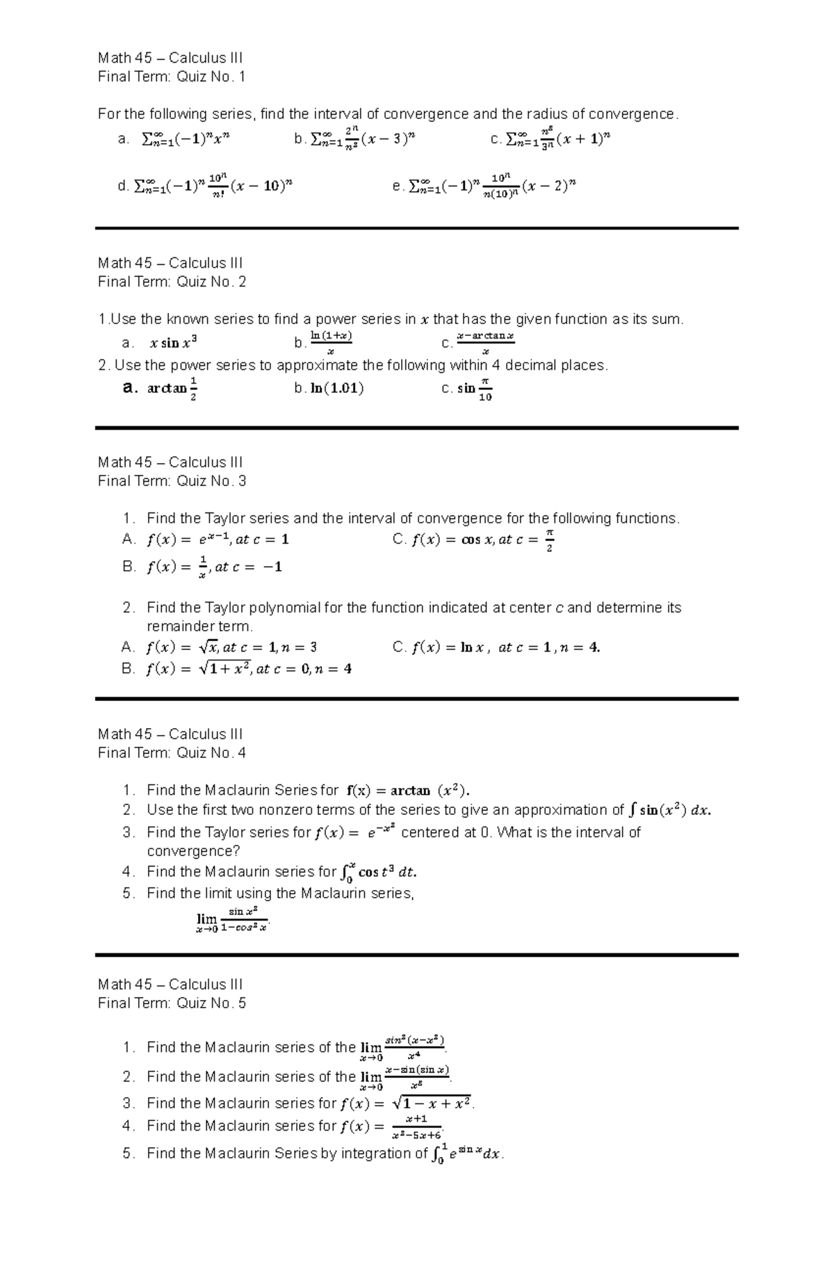 Math 45 Calculus III Final Term Quizzes - Math 45 – Calculus III Final ...