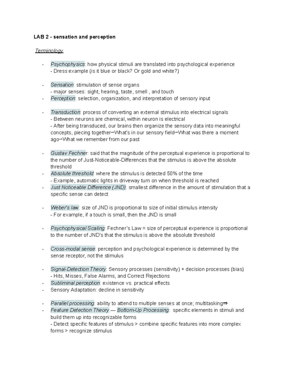 PSY100 lab 1 (May 15) - LAB 2 - sensation and perception Terminology ...