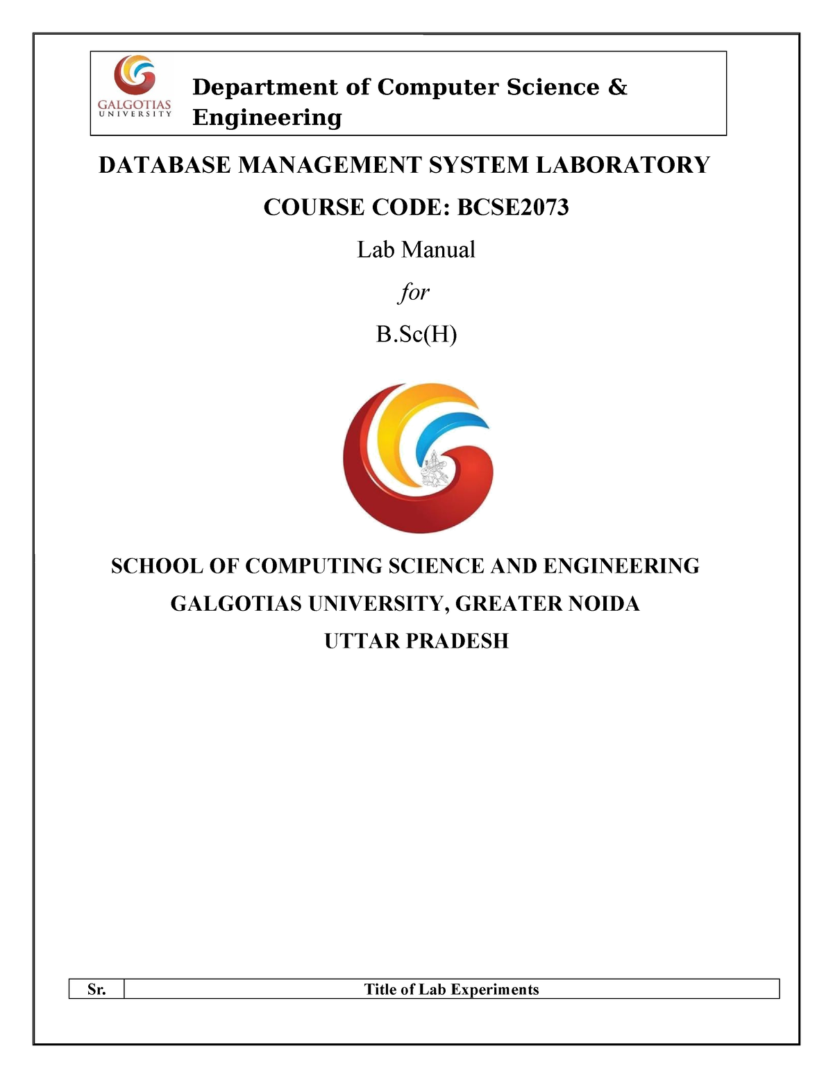 DBMS Lab Manual - DATABASE MANAGEMENT SYSTEM LABORATORY COURSE CODE ...