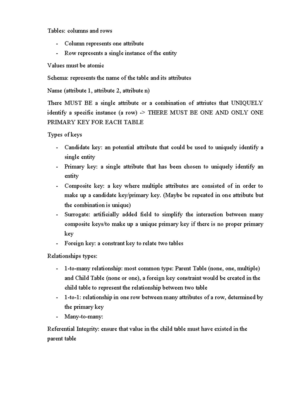 DBS211- Notes - Tables: columns and rows - Column represents one ...