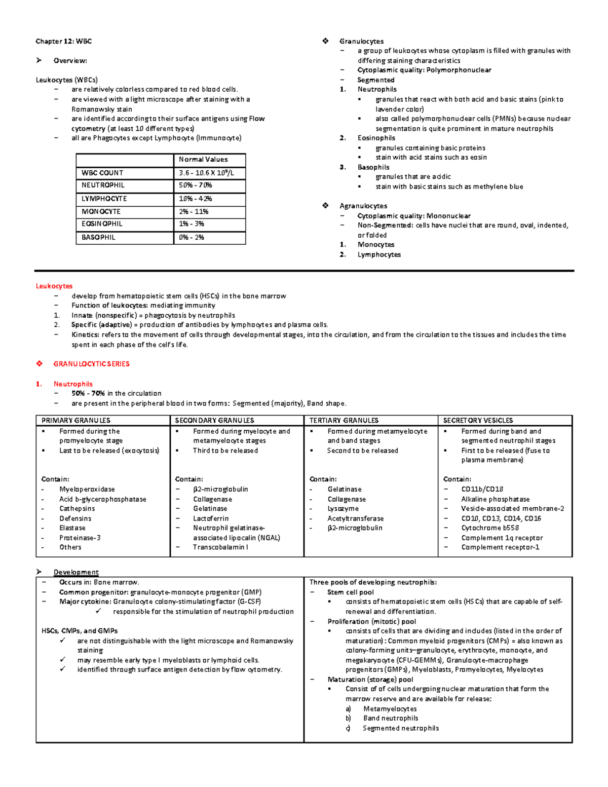 Chapter 12 WBC - Chapter 12: WBC Overview: Leukocytes (WBCs) ≠ are ...