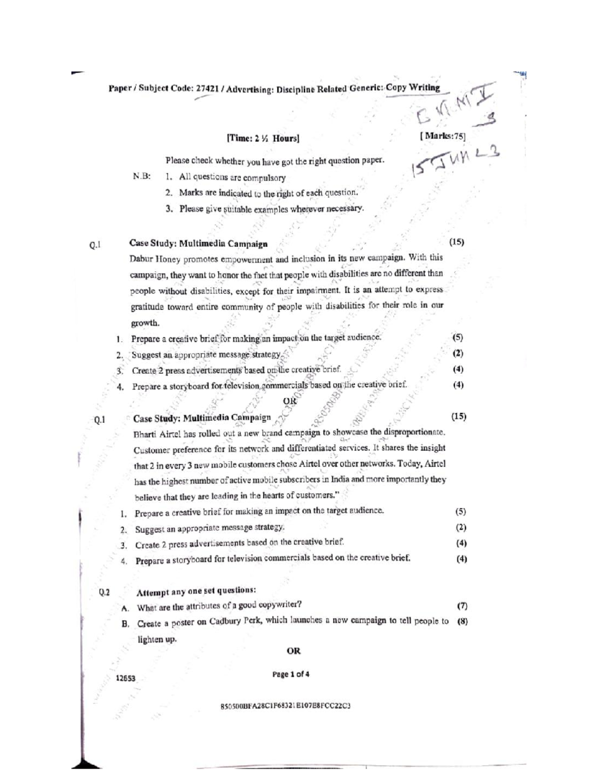 TY Copywriting Question Paper Pattern - Paper Subject Code: 27421 ...