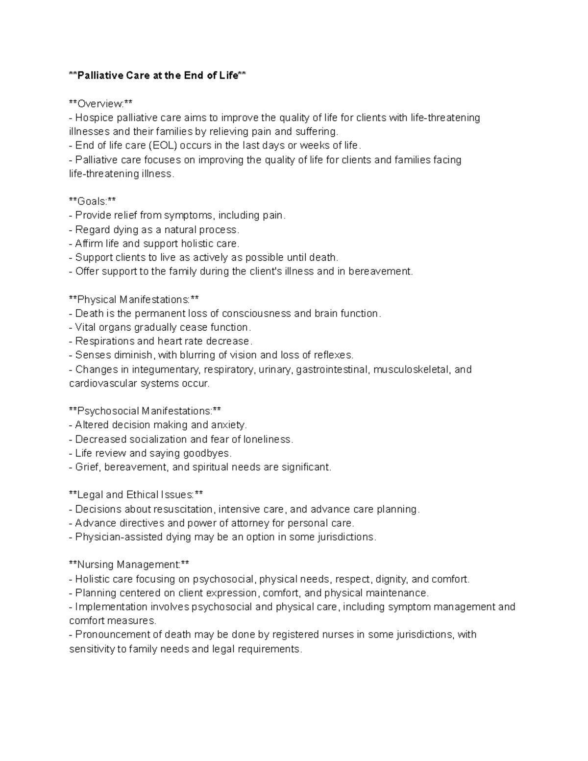 Nurs 150 Test 2 - Google Docs - Palliative Care at the End of Life ...