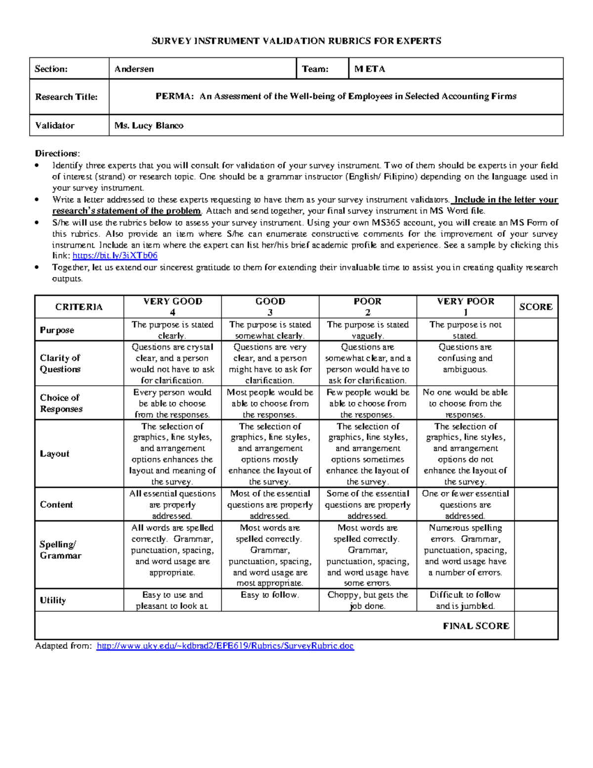 InstrumentValidationRubrics for ms. lucy SURVEY INSTRUMENT
