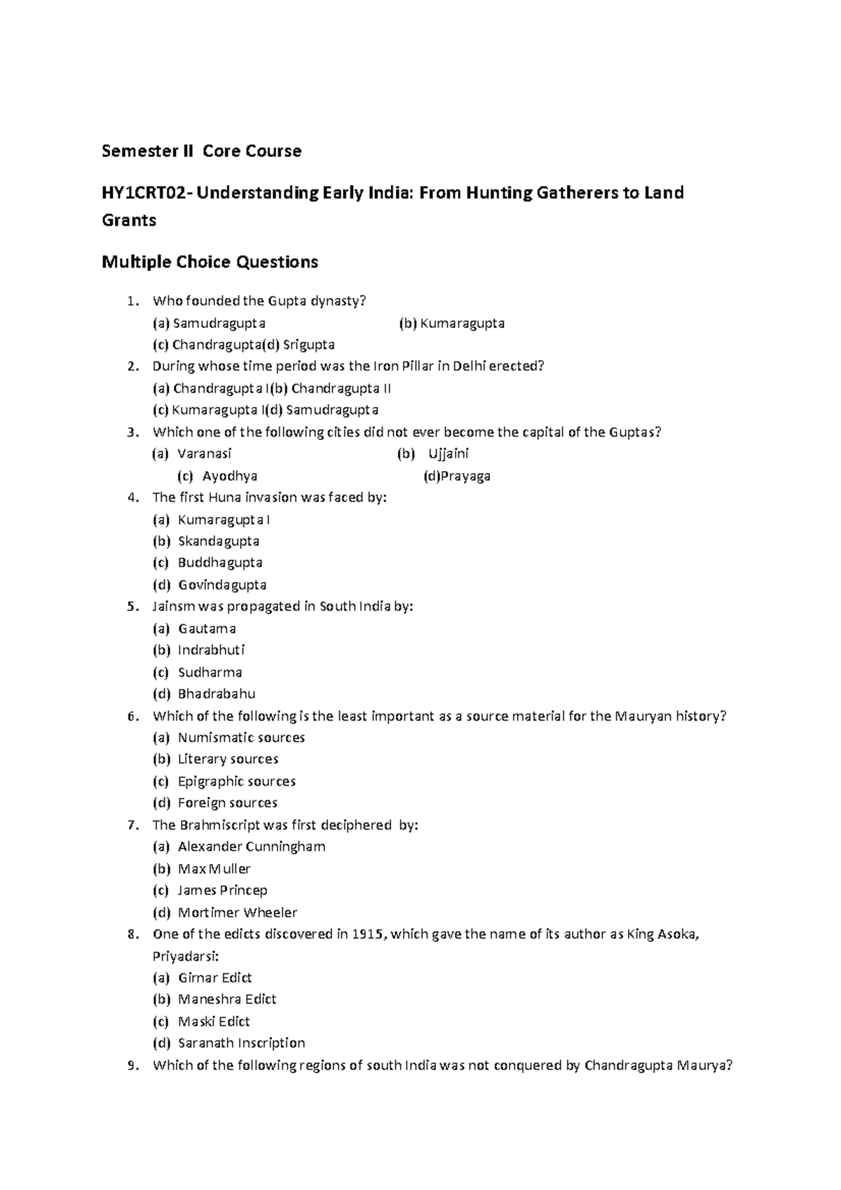 M CQ Early Societies Semester II Core Course HY1CRT02 Understanding