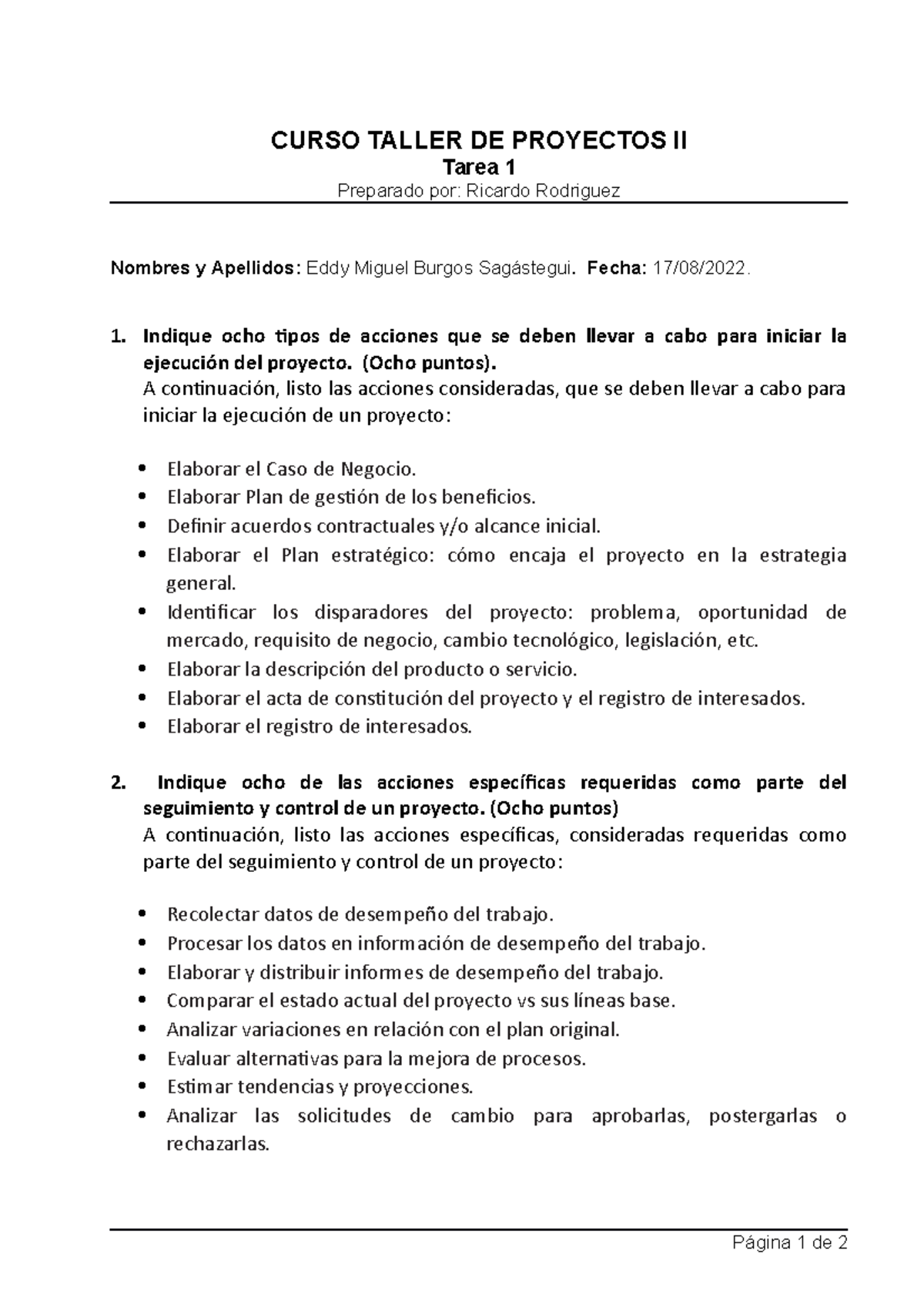 Taller de Proyectos II Tarea 1 - CURSO TALLER DE PROYECTOS II Tarea 1 ...