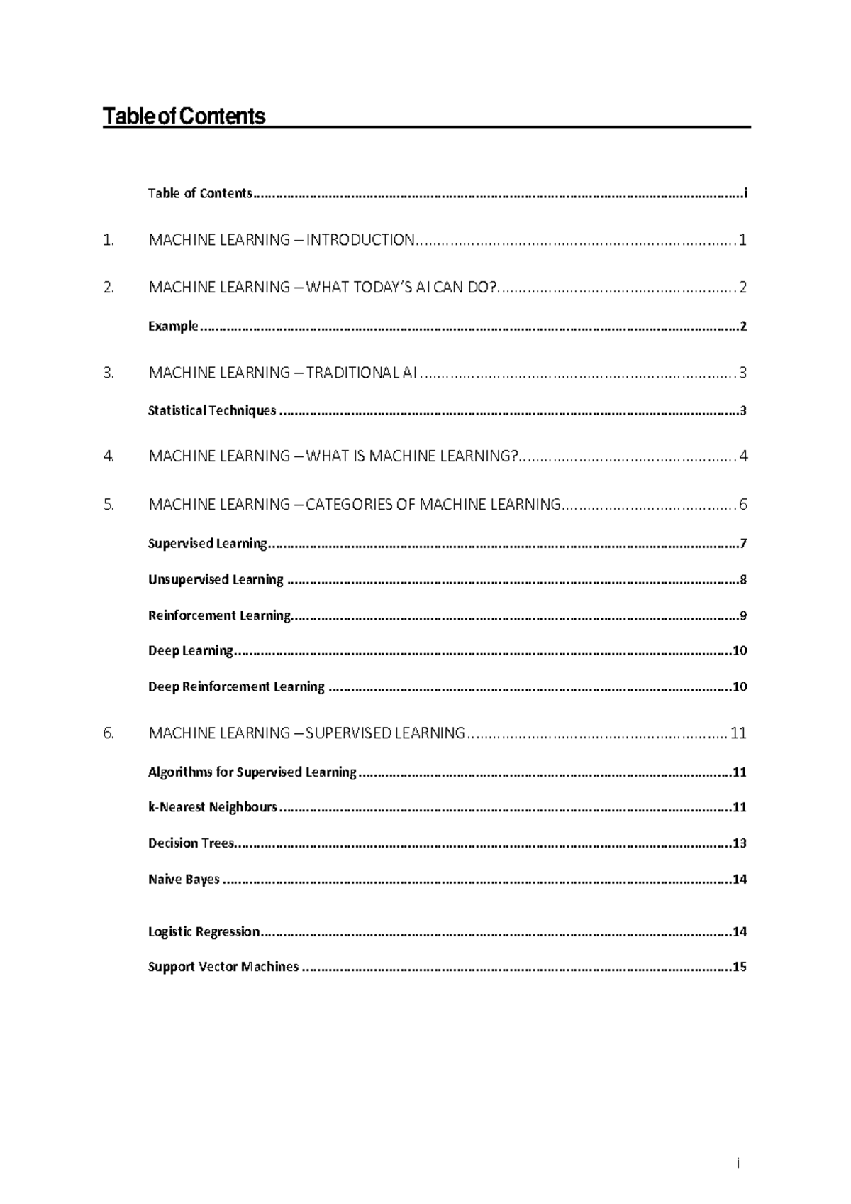 Machine Learning 111 - ml is - i Table of Contents MACHINE LEARNING ...