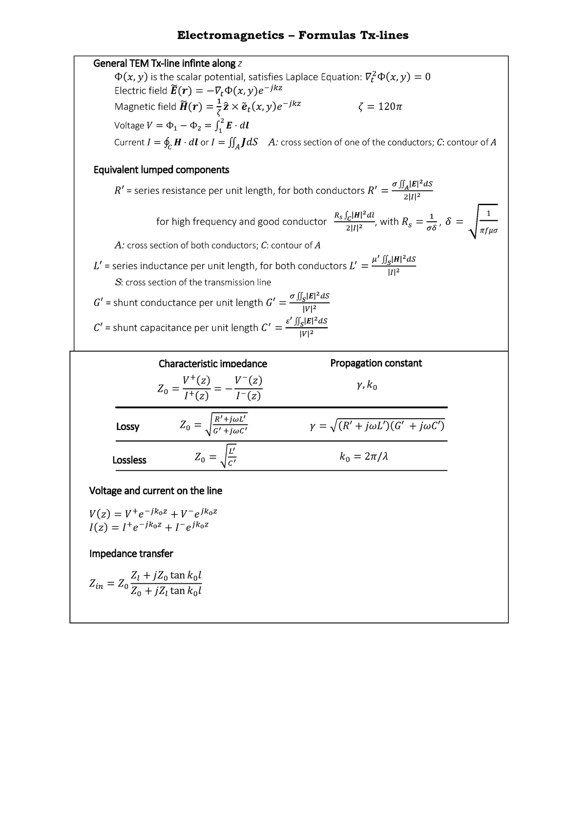 Formulas Tx Lines Electromagnetics Studeersnel