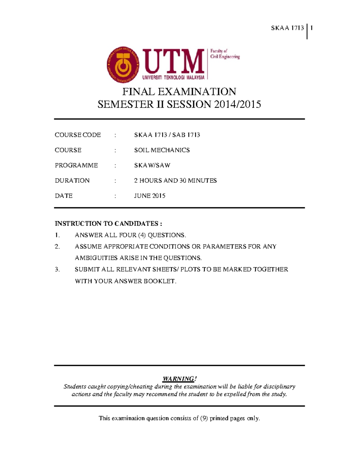 Exam June 2015, questions - SKAA 1713 1 FINAL EXAMINATION SEMESTER II ...