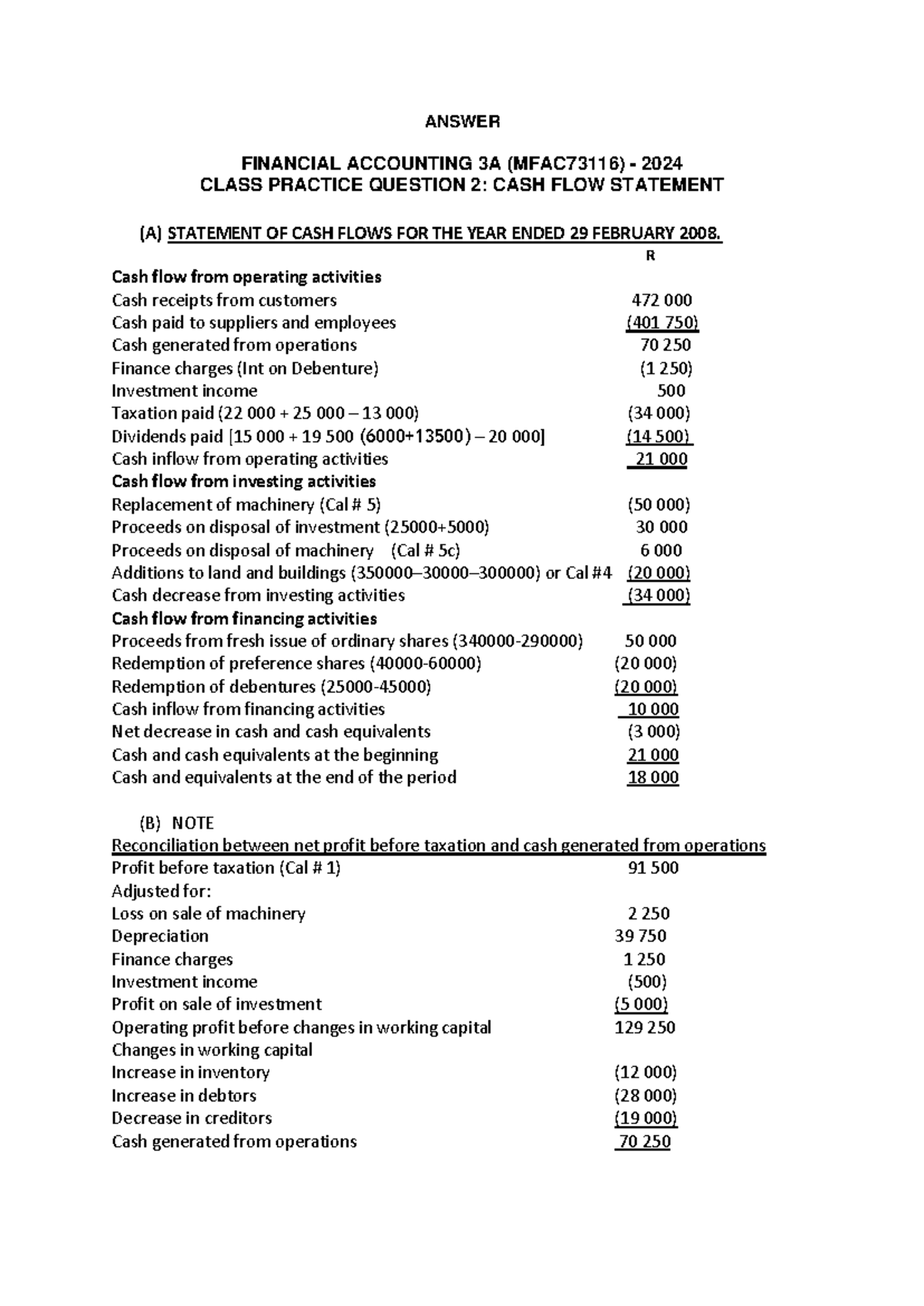 MEMO - Class parctice Q2 Cash Flow - ANSWER FINANCIAL ACCOUNTING 3A ...