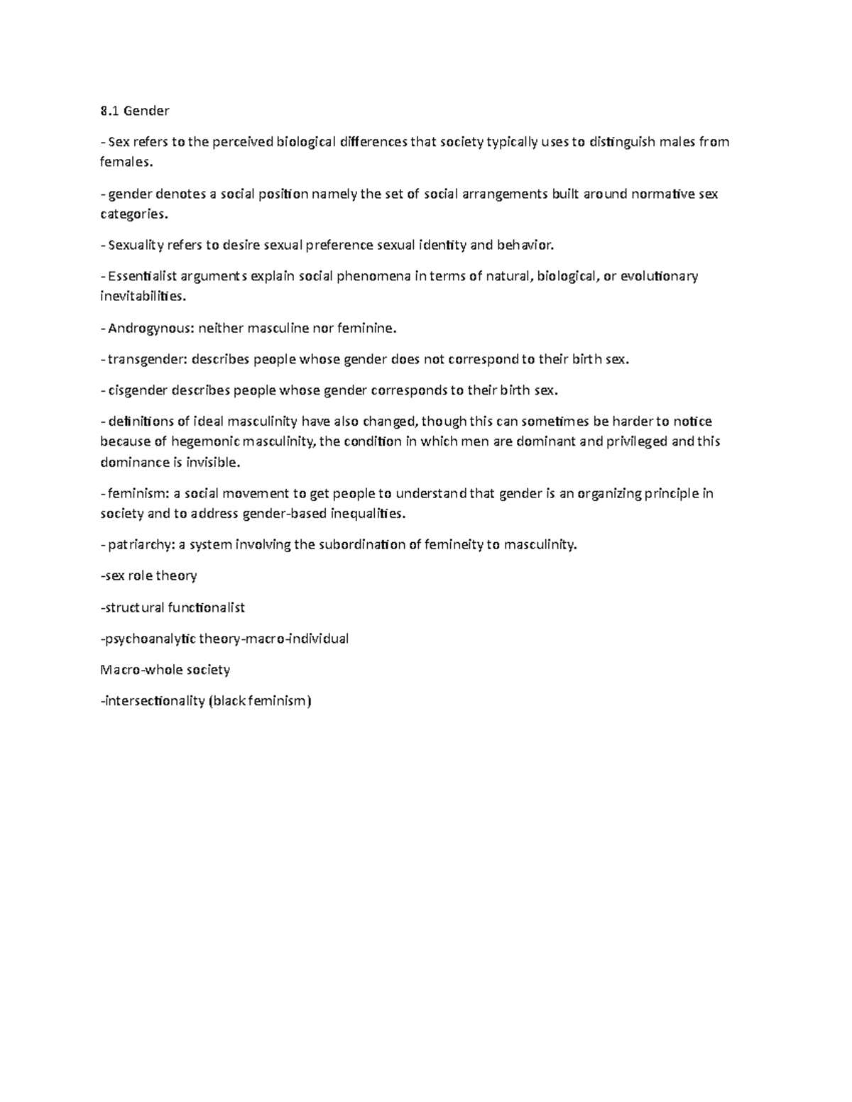 Sociology Notes - 8 Gender Sex refers to the perceived biological ...