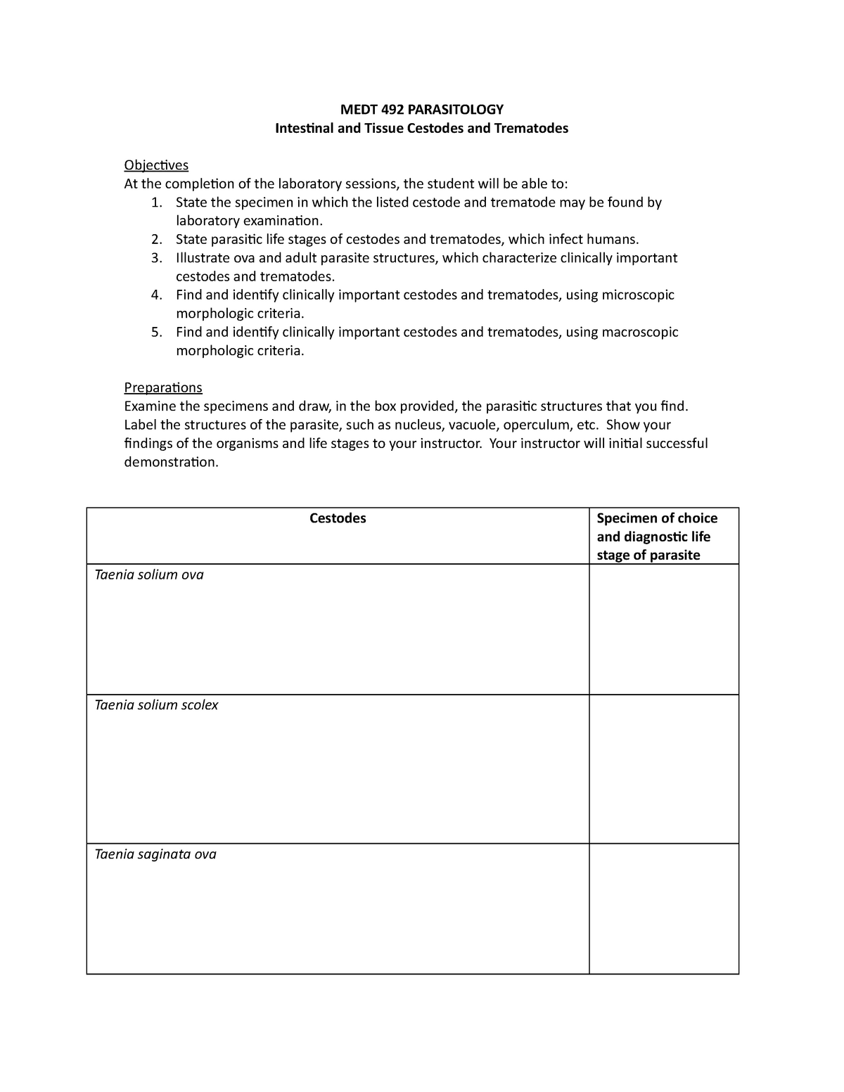 Lab 13 Cestodes Trematodes - MEDT 492 PARASITOLOGY Intestinal and ...