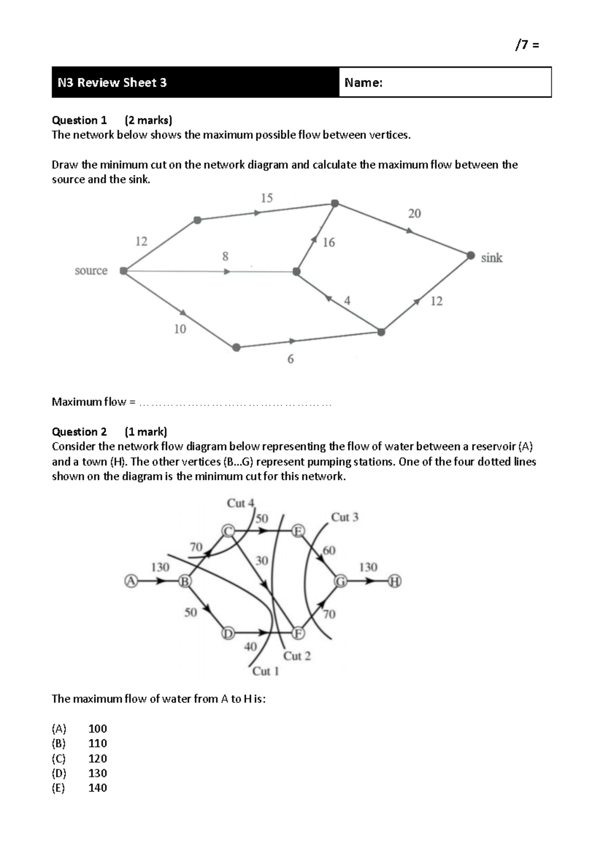 N3 Review Sheet 3 - / 7 = Question 1 ( 2 marks) The network below shows ...