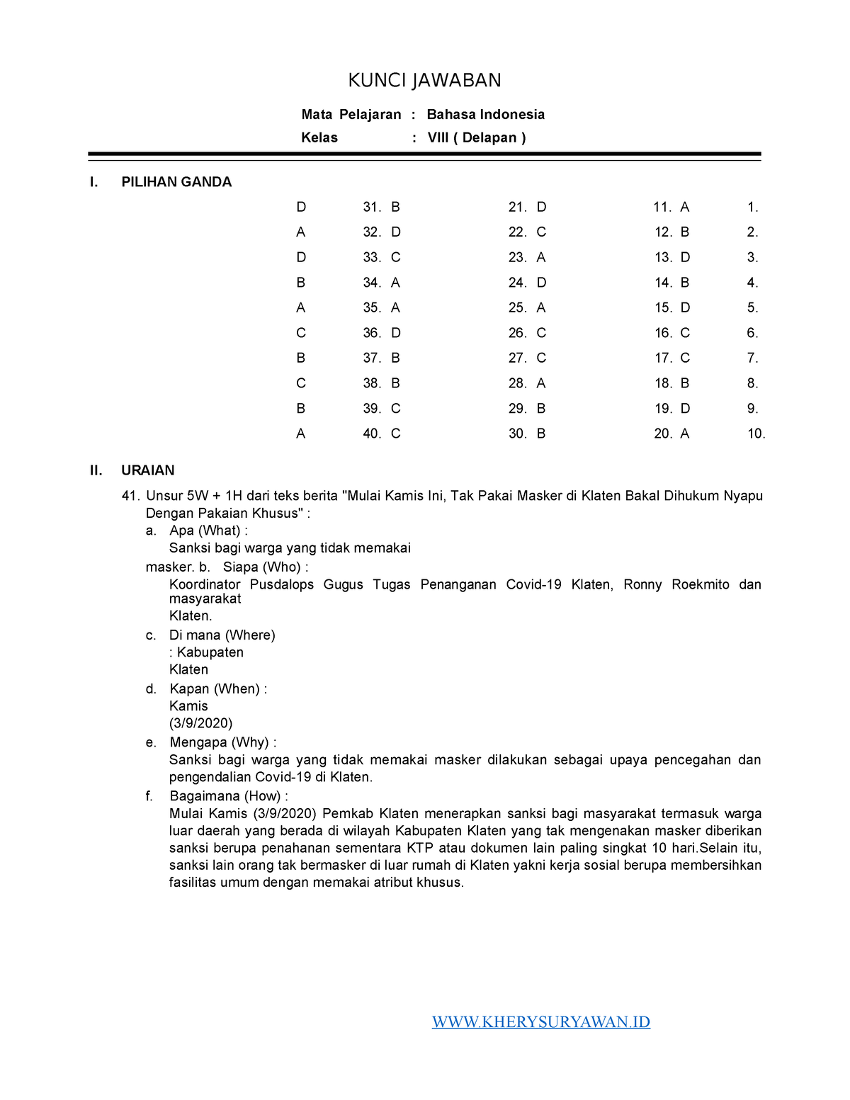 2- Kunci Jawaban UTS B. Indonesia Kelas 8 Sem.1 - Www - KUNCI JAWABAN ...