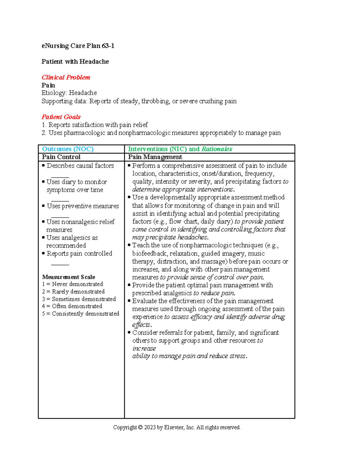 Headache CP - Care plan - Patient with Headache Clinical Problem Pain ...