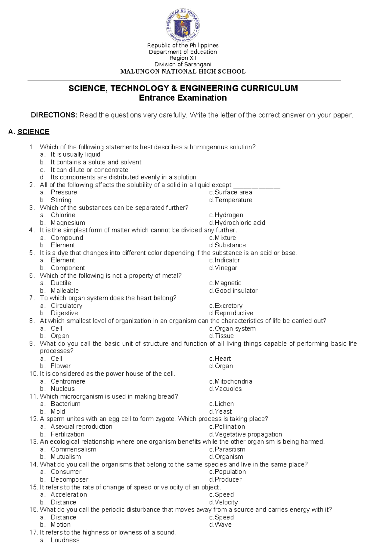 STE EXAM - STE Examination - Republic of the Philippines Department of ...