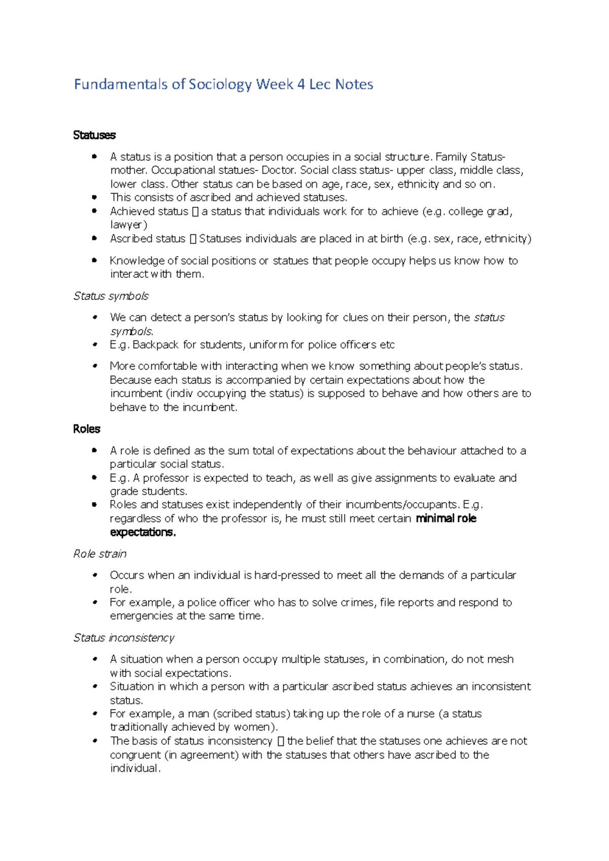 Fundamentals of Sociology Week 4 Lec Notes - Family Status- mother ...