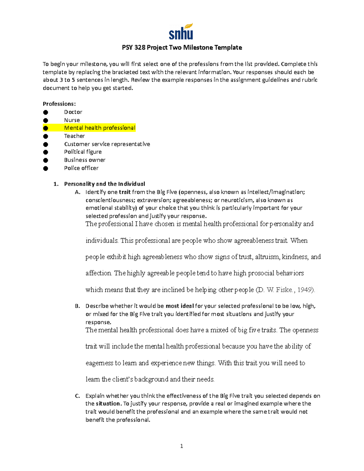 PSY 328 Project Two Milestone - Complete This Template By Replacing The ...