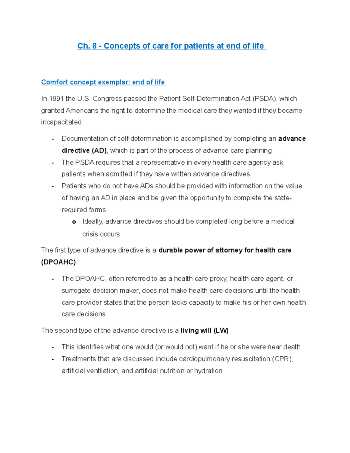 Chronic Mod 1 Ch. 8- End of life - Ch. 8 - Concepts of care for ...
