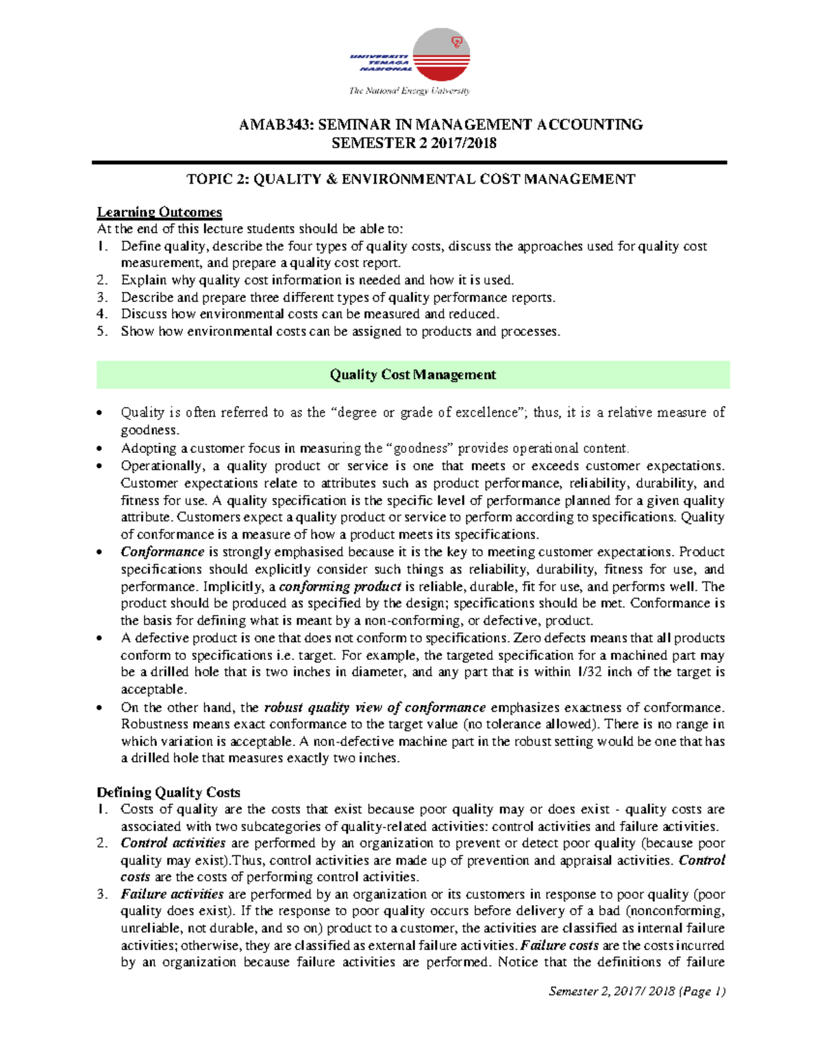 T2 Quality Environmental Cost Management Student Sem 2 1718
