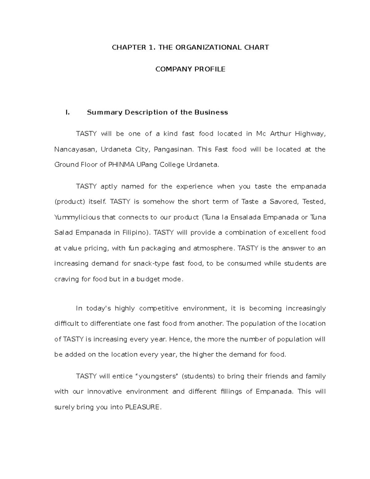 Business Plan Tuna Empanada CHAPTER 1. THE ORGANIZATIONAL CHART