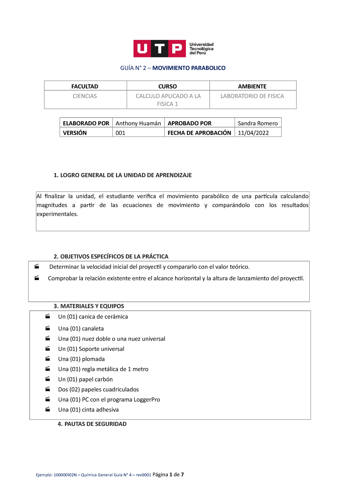 Guía De Laboratorio 2 - GUÍA N° 2 – MOVIMIENTO PARABOLICO FACULTAD ...