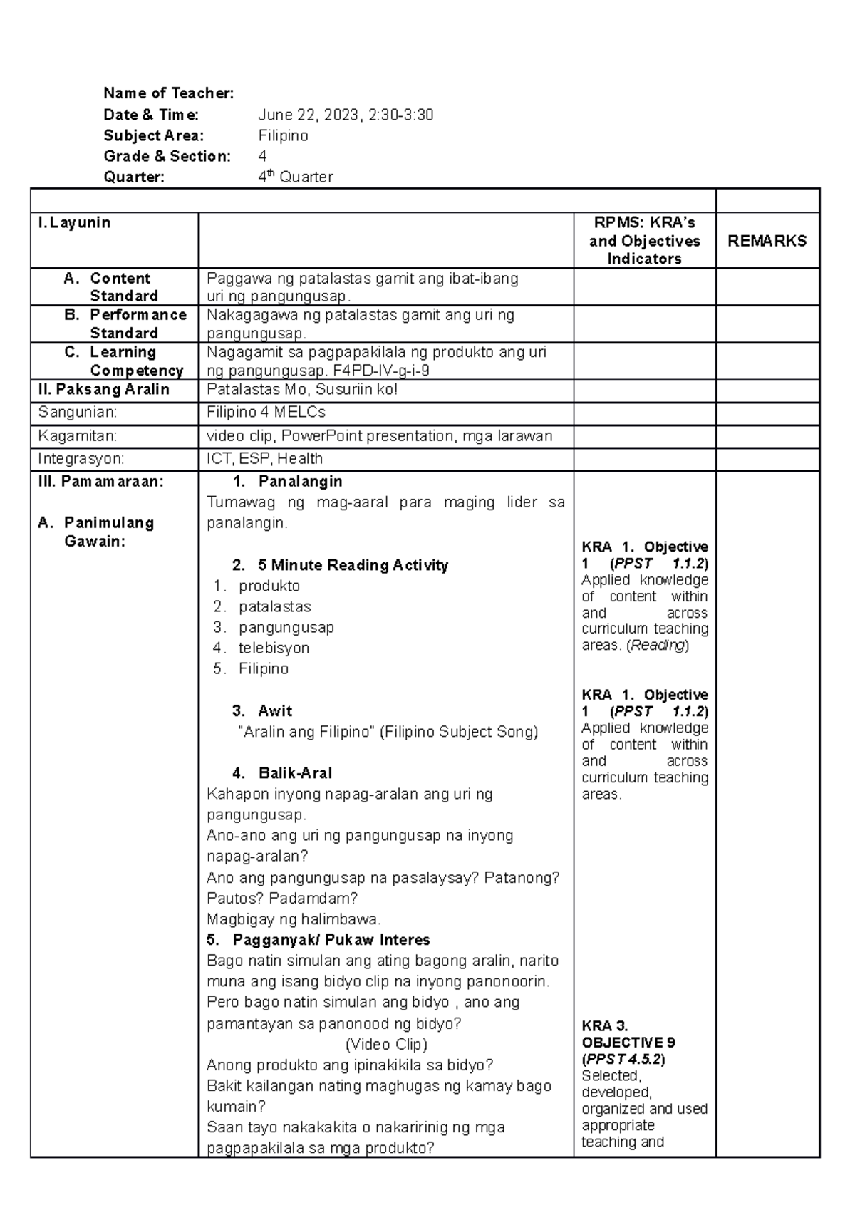 Lesson Plan for COT Name of Teacher Date & Time June 22, 2023, 230